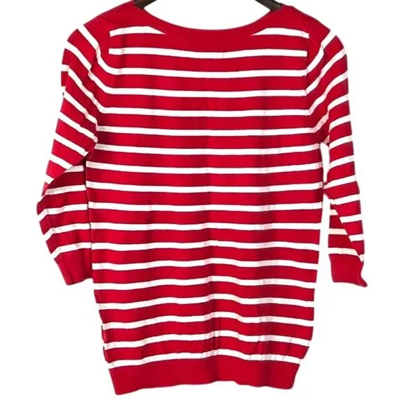Old Navy Red White Stripes 3/4 Sleeve Crewneck French Parisian Sweater Size M - Picture 3 of 7